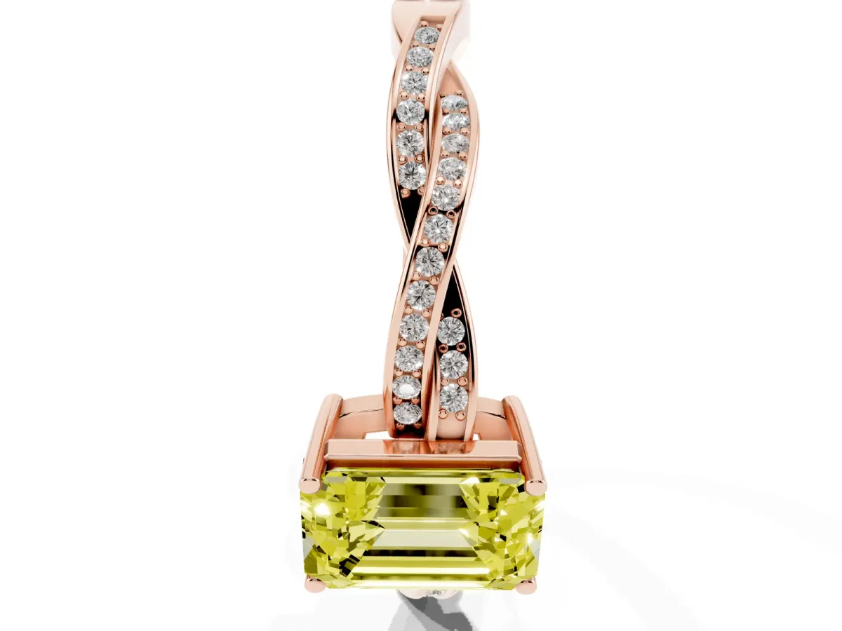 Fancy Yellow Emerald Cut Solitaire Twisted Pave Diamond Ring with Four-Prong Setting Rose gold
