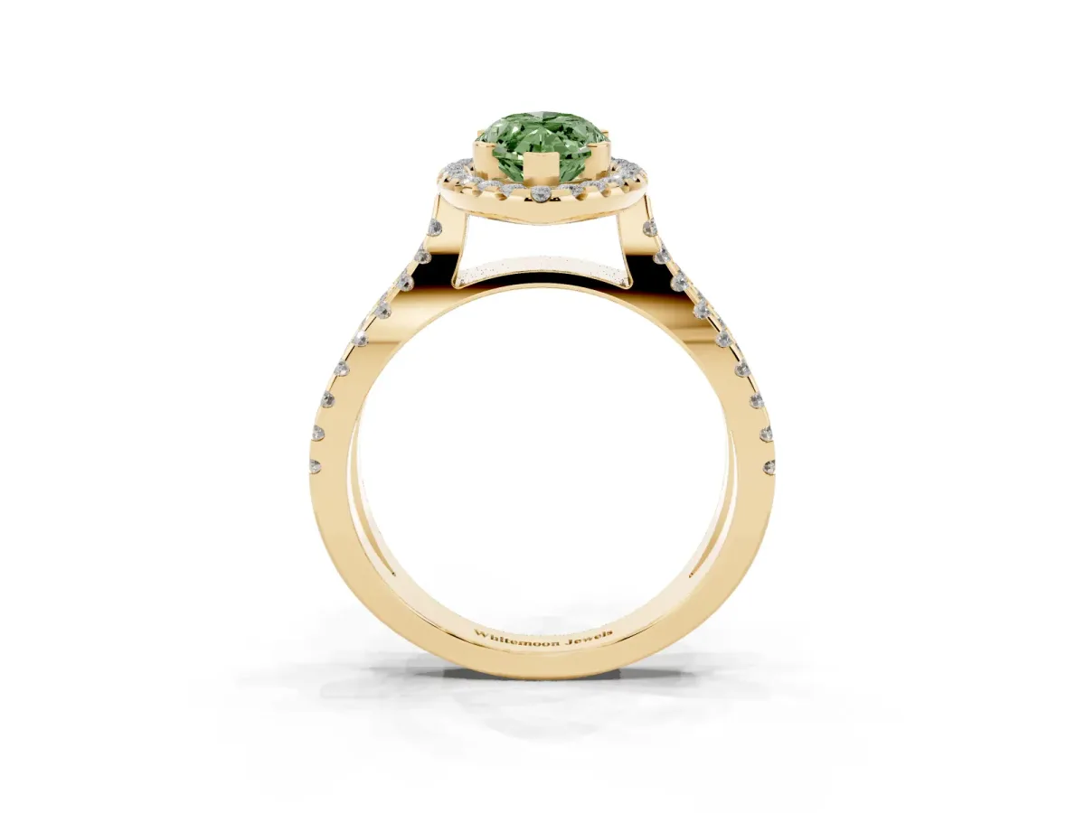 Fancy Green Marquise Cut Diamond Halo Ring with Split Shank Pavé Band and Prong Setting Yellow gold
