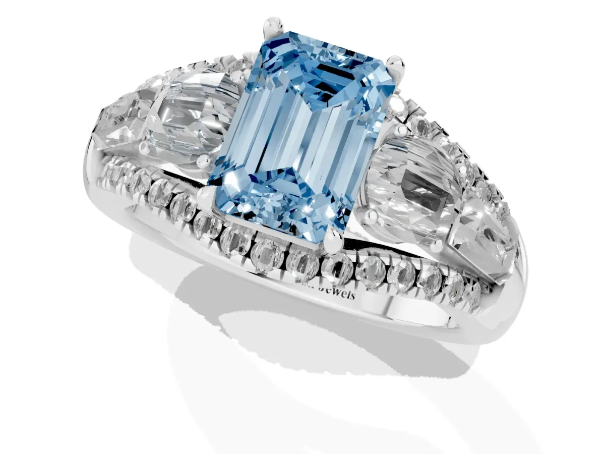 Fancy Blue Three-Stone Emerald Cut Diamond Engagement Ring with Pave Band and Prong Setting Silver