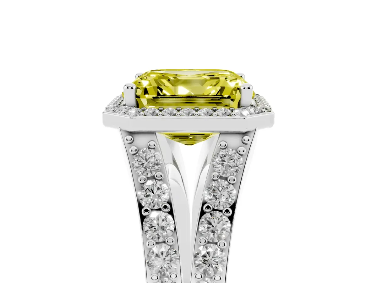 Fancy Yellow Asscher Cut Diamond Split Shank Halo Ring with Four-Prong Setting White gold