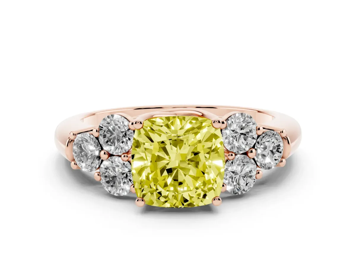 Fancy Yellow Cushion Cut Cut Diamond Cluster Ring with Round Accent Stones and Prong Setting on a Classic Band Rose gold