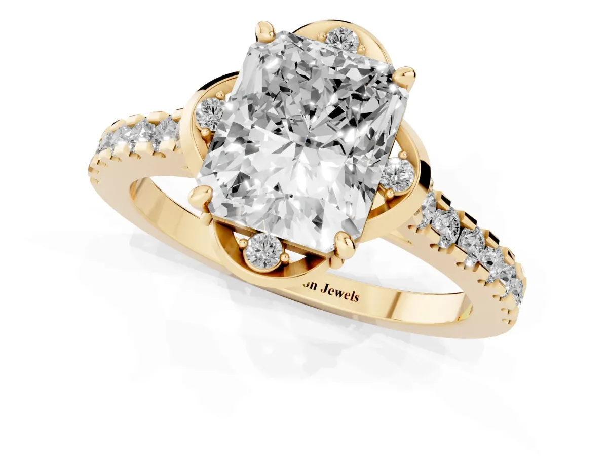 Radiant Cut Diamond Ring with Pavé Band and Floral Prong Setting Yellow gold