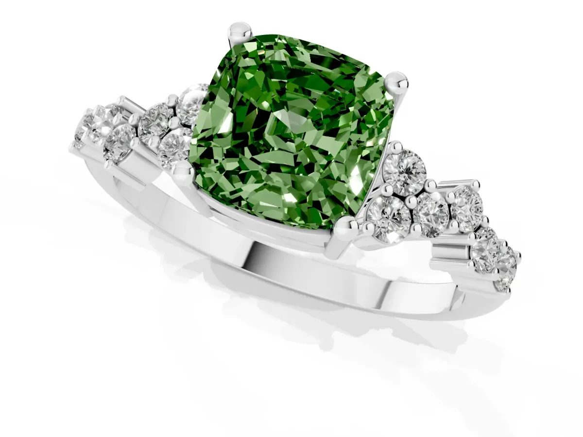 Fancy Green Cushion Cut Diamond Scattered Round Accent Ring with Prong Setting White gold