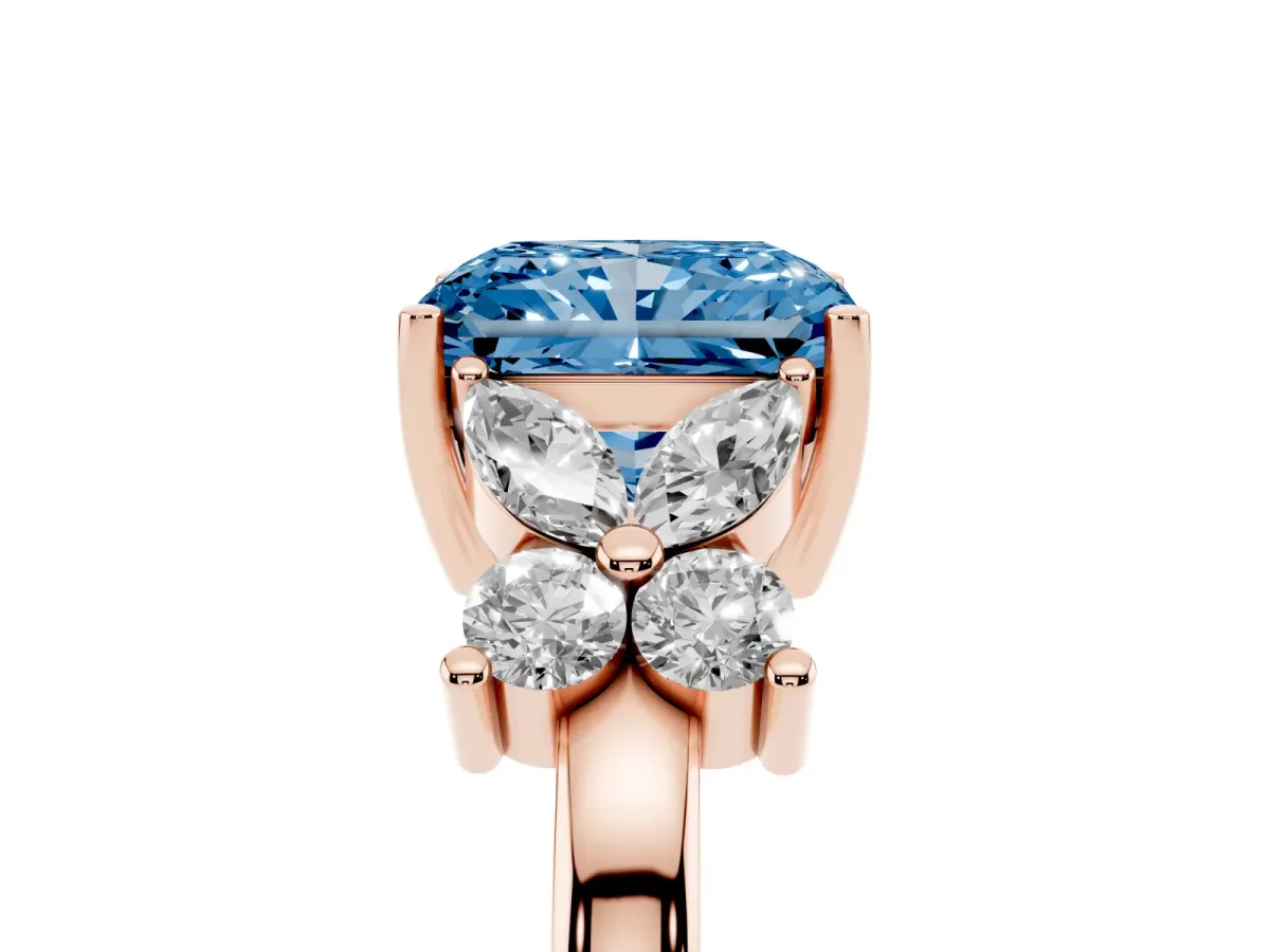 Fancy Blue Radiant Cut Diamond Floral Cluster Ring with Solitaire Band and Prong Setting Rose gold