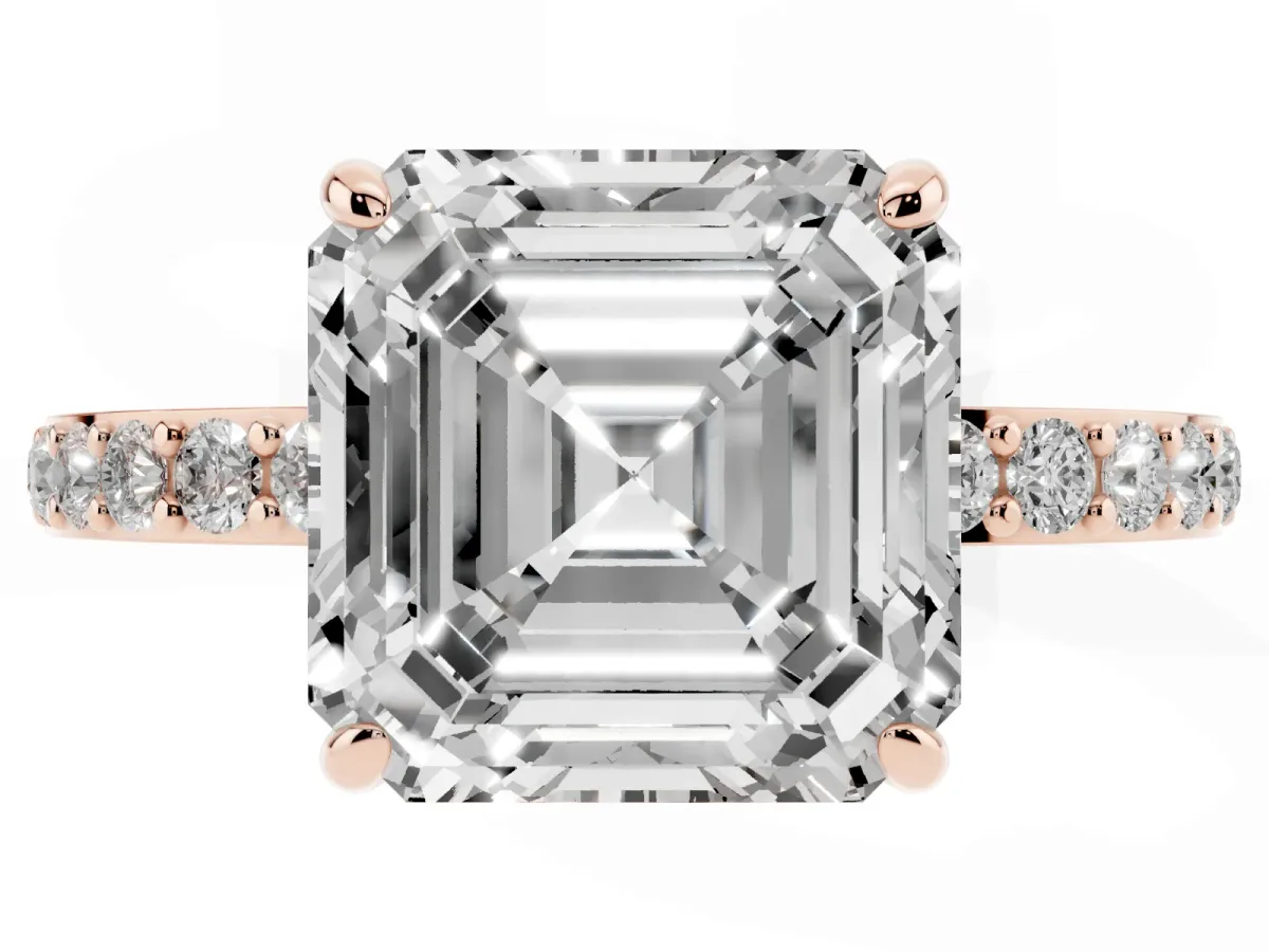 Asscher Cut Diamond Solitaire Engagement Ring with Pavé Band and Four-Prong Setting Rose gold