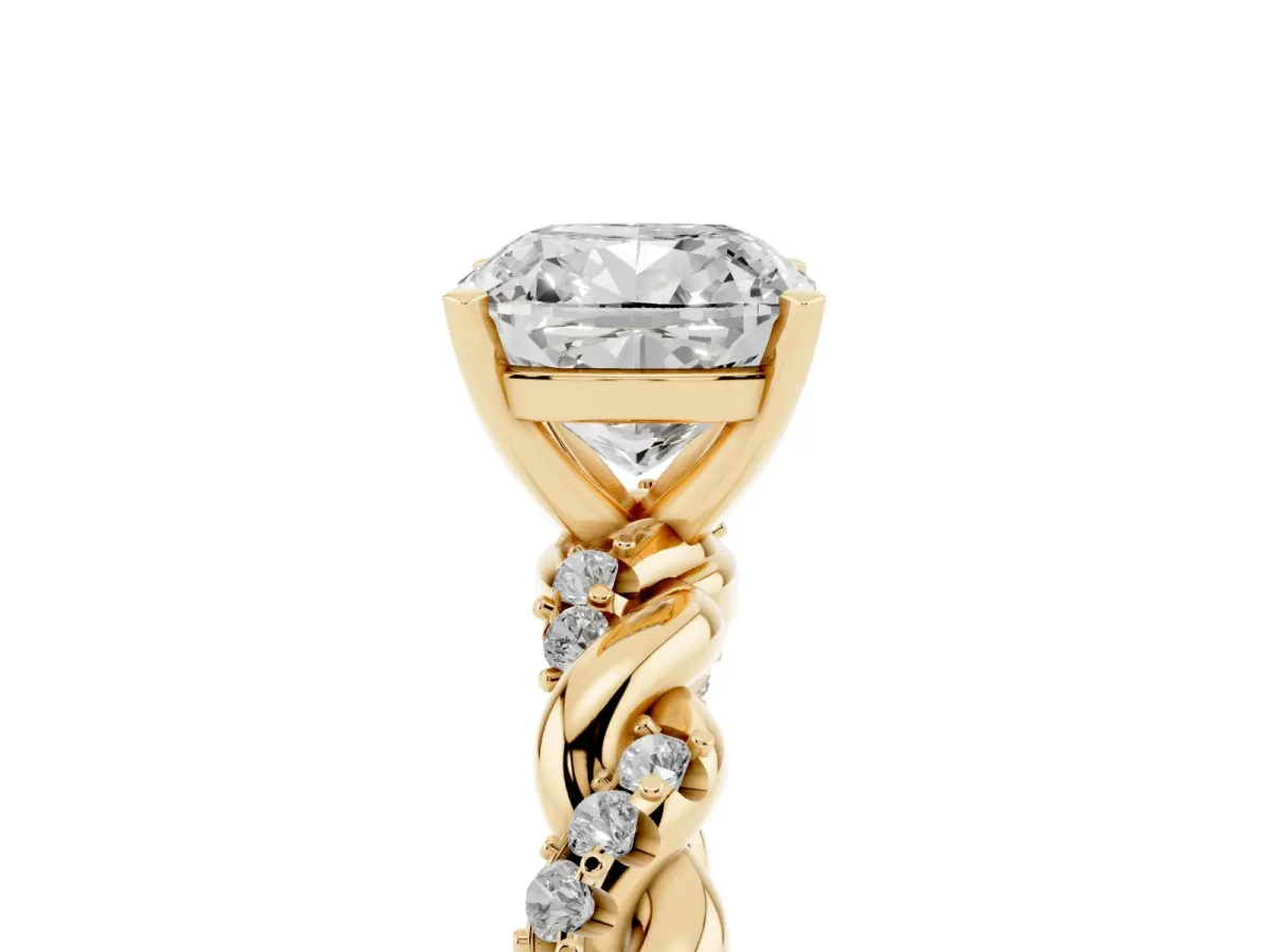 Cushion Cut Diamond Solitaire Ring with Twisted Band and Pavé Accents Yellow gold