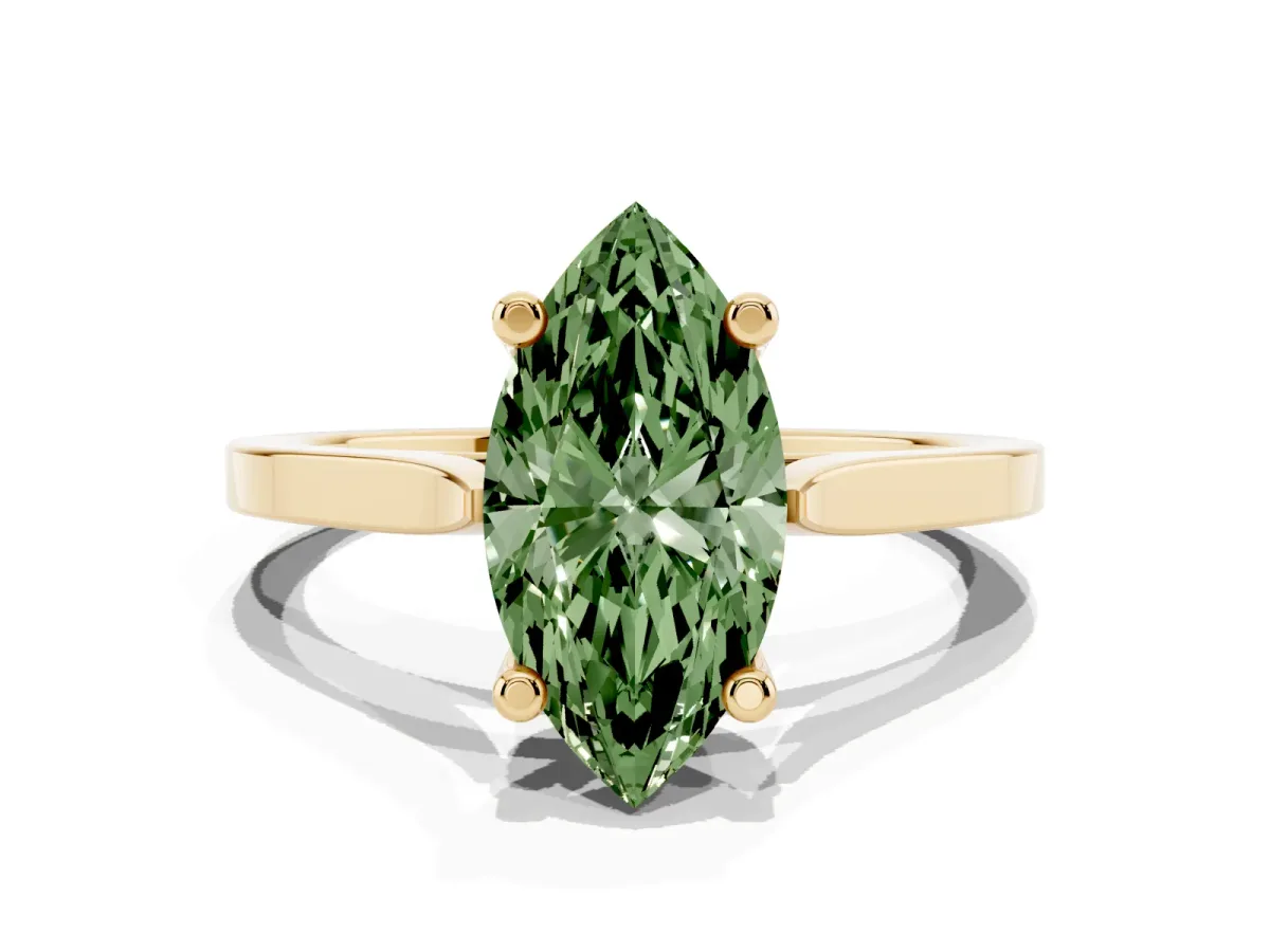 Fancy Green Marquise Cut Solitaire Diamond Ring with Four-Prong Setting and Tapered Band Yellow gold