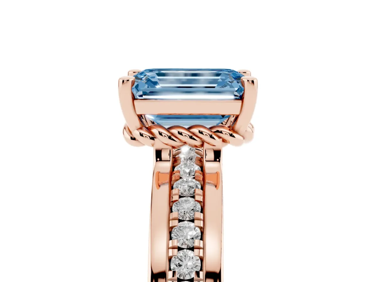 Fancy Blue Emerald Cut Solitaire Diamond Ring with Channel Set Band and Six-Prong Setting Rose gold