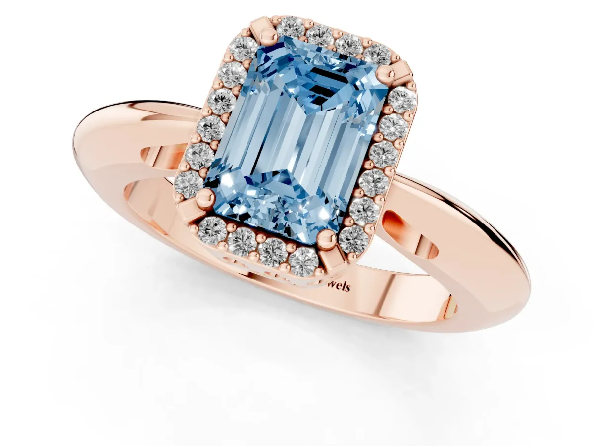 Fancy Blue Emerald Cut Cut Diamond Halo Engagement Ring with Split Shank and Four-Prong Setting Rose gold