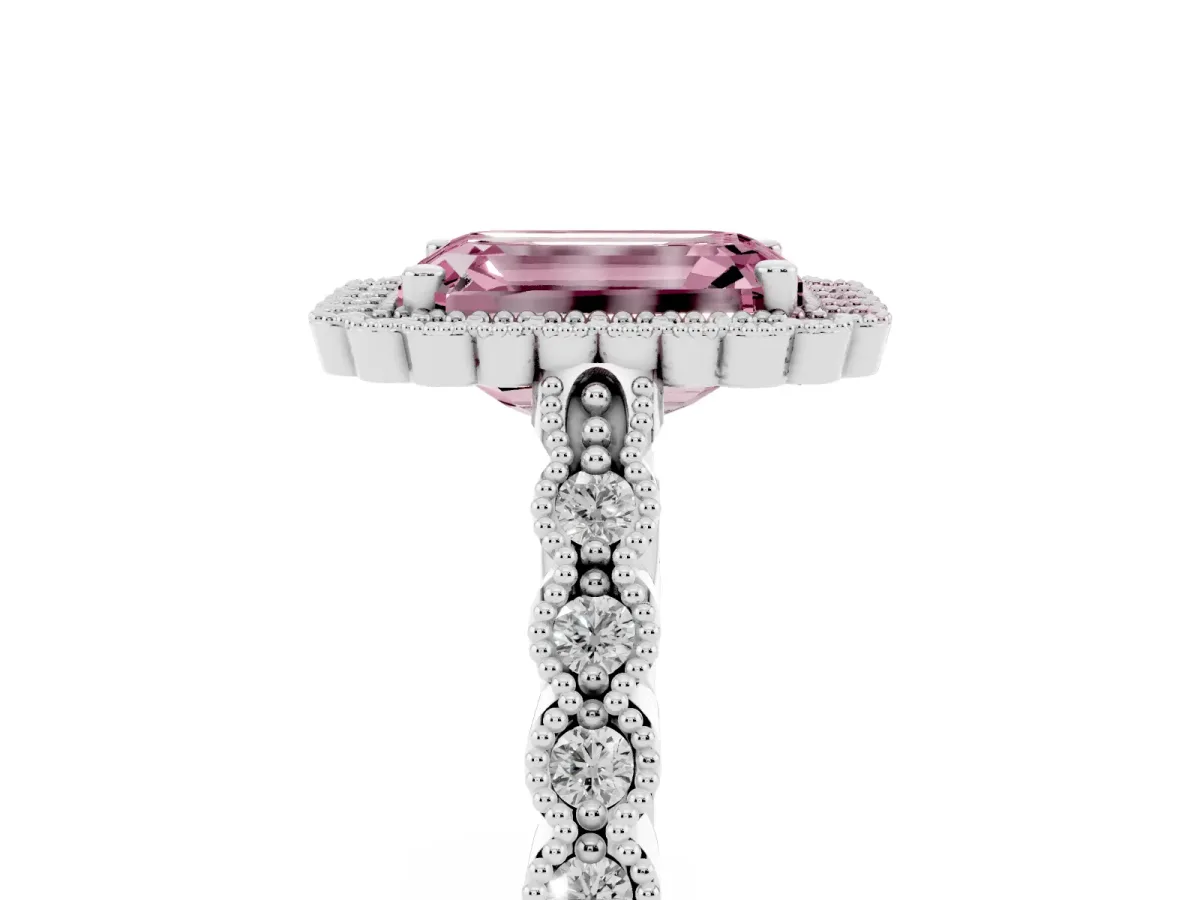 Fancy Pink Emerald Cut Cut Halo Pavé Solitaire Ring with Milgrain Band Silver