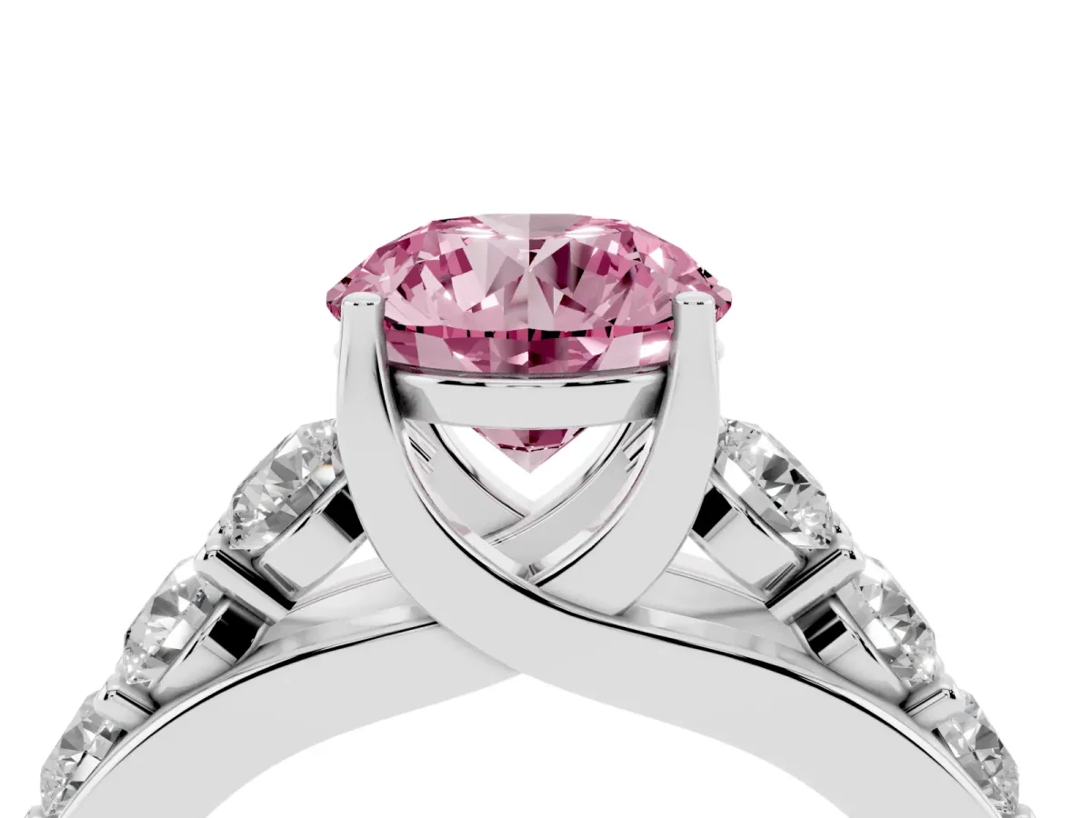 Fancy Pink Round Cut Diamond Engagement Ring with Pavé Band and Four-Prong Setting Platinum