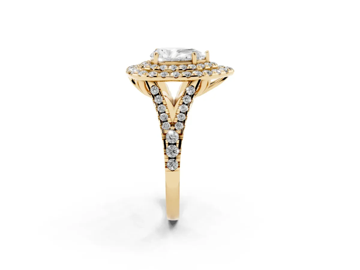 Double Halo Pear Cut Diamond Pavé Split Shank Ring with Prong Setting Yellow gold