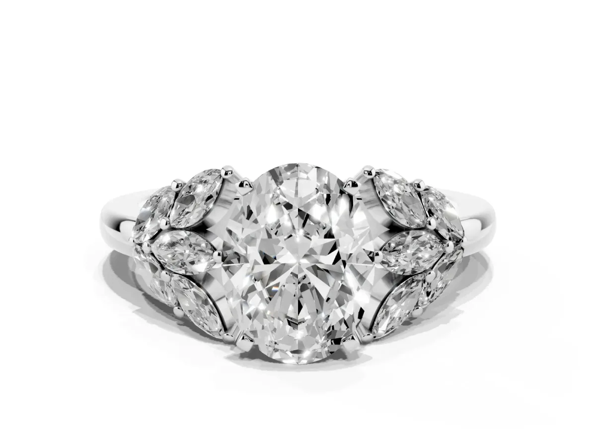 Oval Cut Diamond Cluster Leaf Design Ring with Prong Setting Platinum