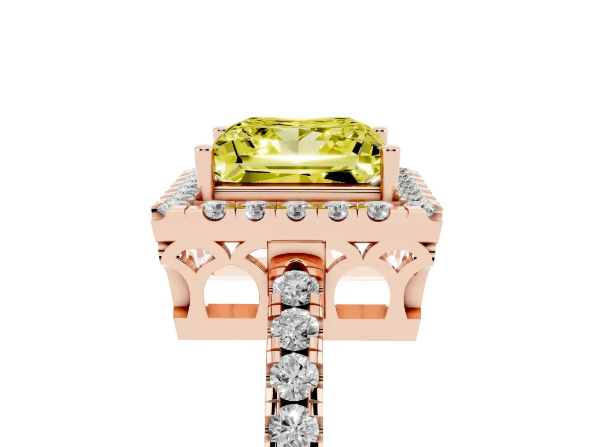 Fancy Yellow Princess Cut Halo Diamond Engagement Ring with Pavé Band and Four-Prong Setting Rose gold