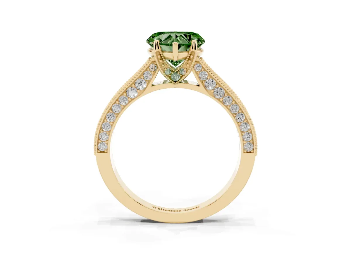 Fancy Green Heart Cut Cut Diamond Solitaire Ring with Milgrain Pave Band and Four Prong Setting Yellow gold