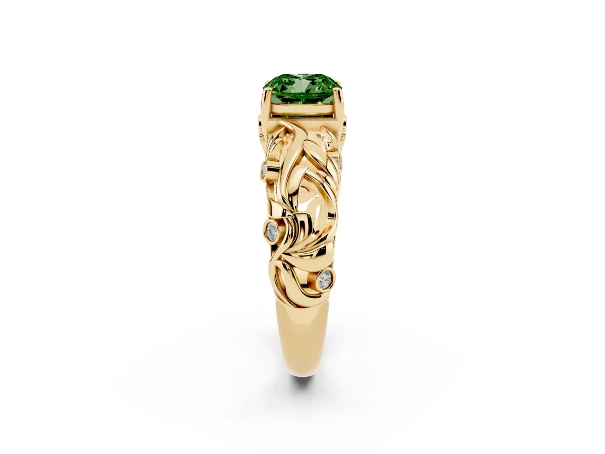 Fancy Green Cushion Cut Solitaire Diamond Leaf-Inspired Vine Band Ring with Prong Setting Yellow gold