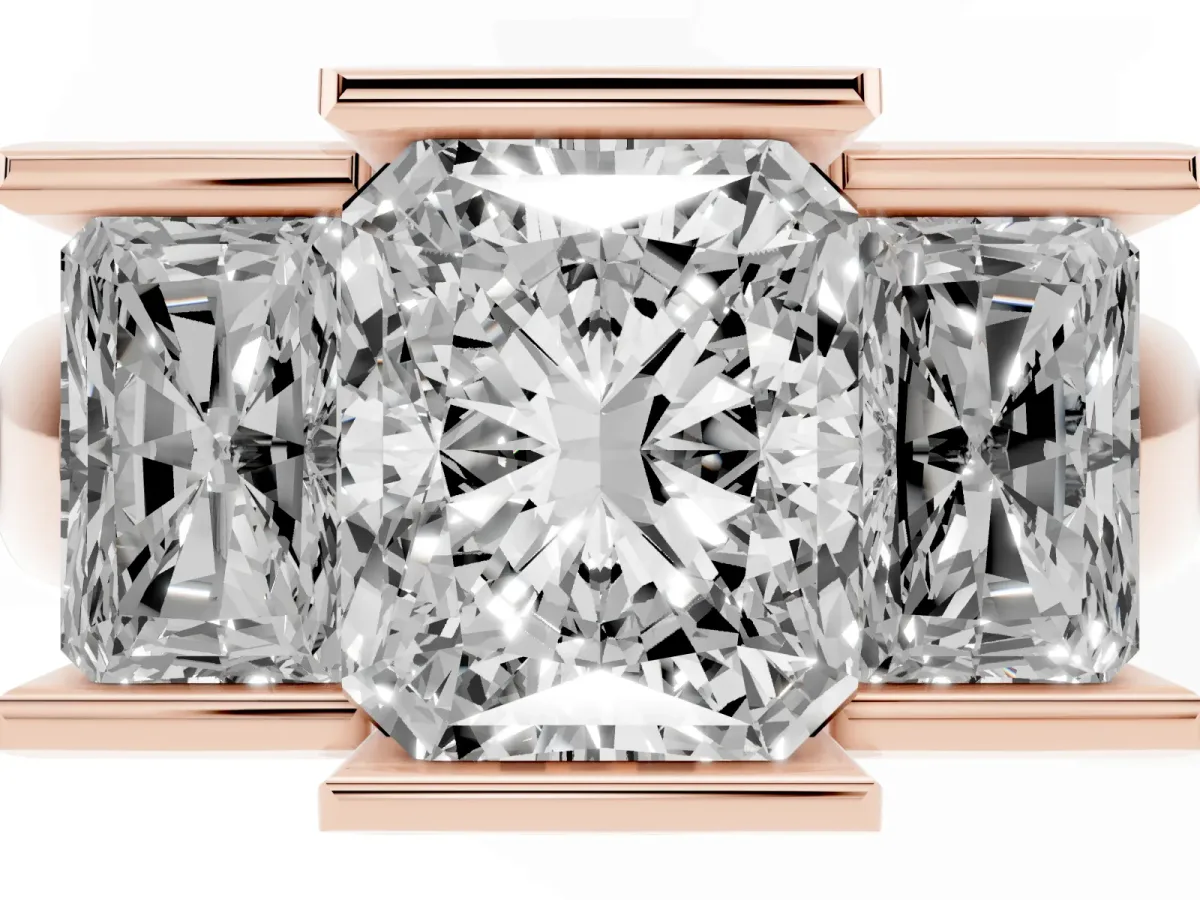 Three Stone Radiant Cut Cut Channel Set Diamond Ring Rose gold