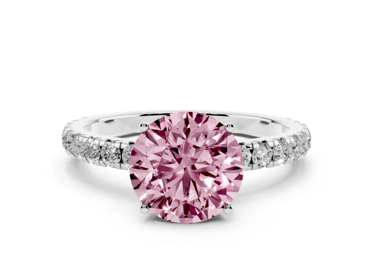 Fancy Pink Round Cut Diamond Pavé Solitaire Engagement Ring with Four-Prong Setting Platinum