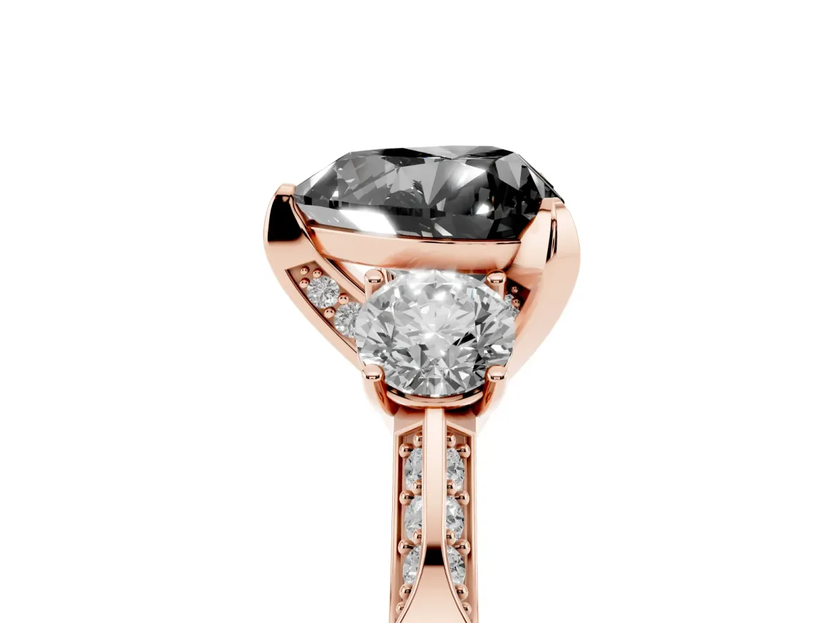 Fancy Black Heart Cut Brilliant Three-Stone Diamond Ring with Pavé Band and Four-Prong Setting Rose gold
