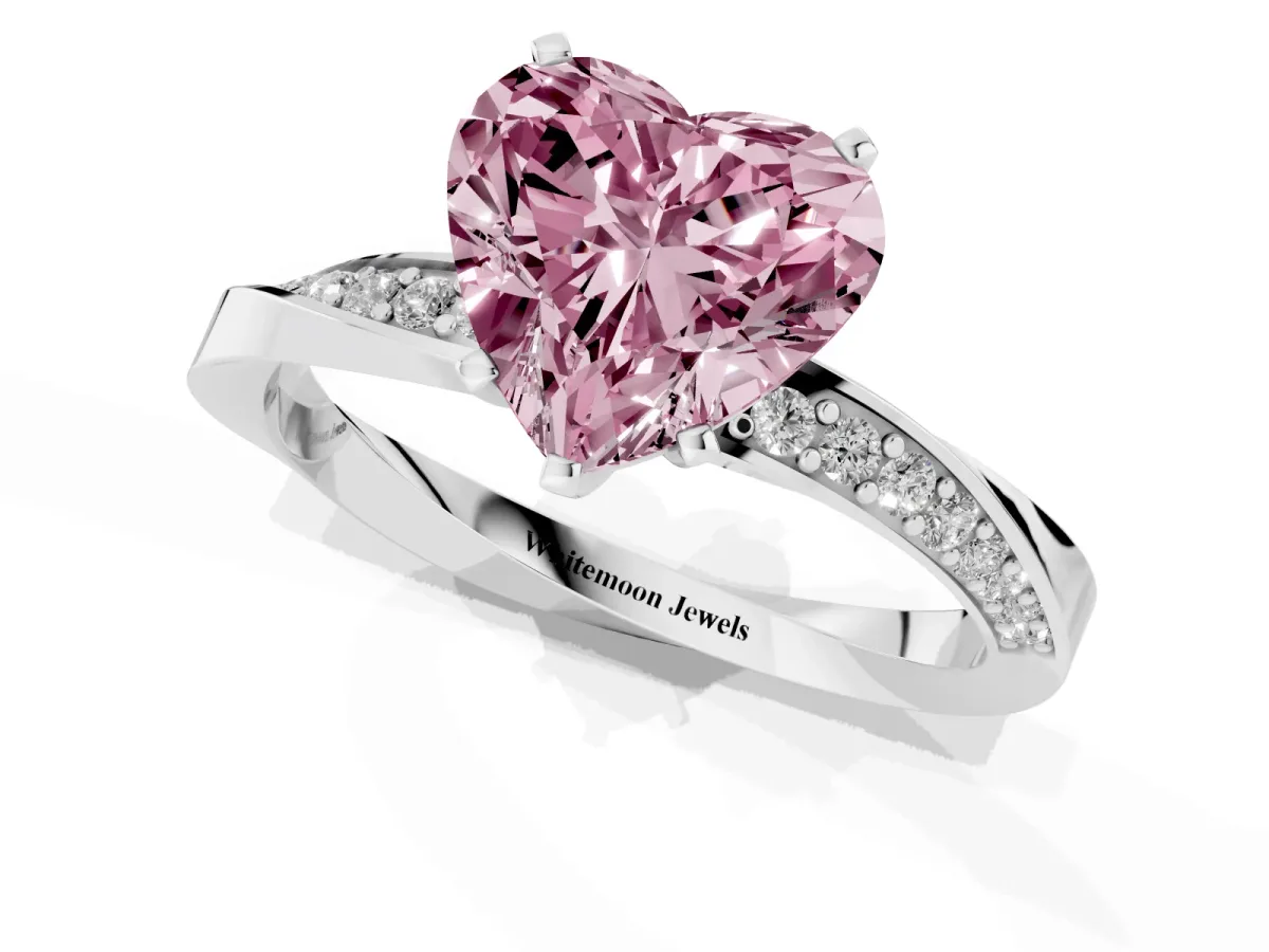 Fancy Pink Heart Cut Diamond Engagement Ring with Side Stone Accents and Four-Prong Setting Platinum