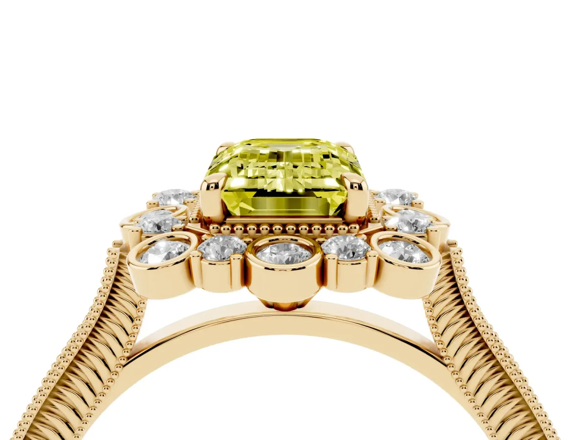 Fancy Yellow Emerald Cut Halo Milgrain Pave Diamond Ring with Four-Prong Setting Yellow gold