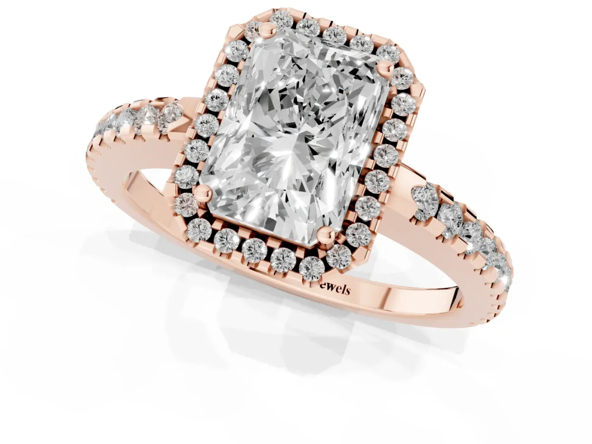 Radiant Cut Diamond Halo Engagement Ring with Pavé Band and Prong Setting Rose gold