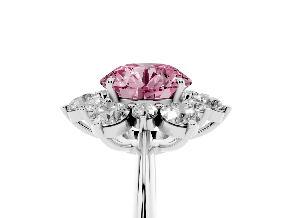 Fancy Pink Round Cut Diamond Cluster Halo Ring with Solitaire Band and Four-Prong Setting Silver
