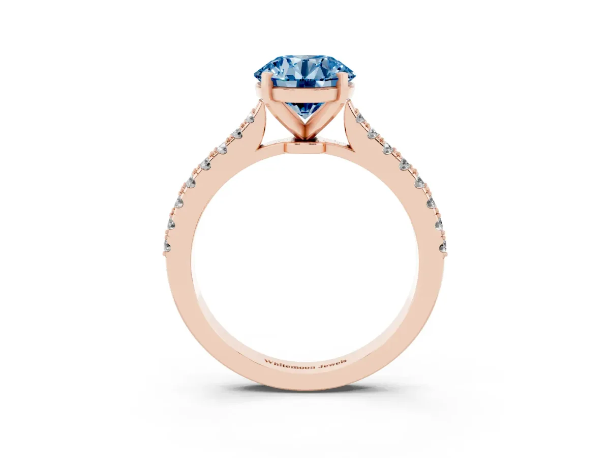 Fancy Blue Round Cut Cut Solitaire Diamond Engagement Ring with Pave Band and Four-Prong Setting Rose gold