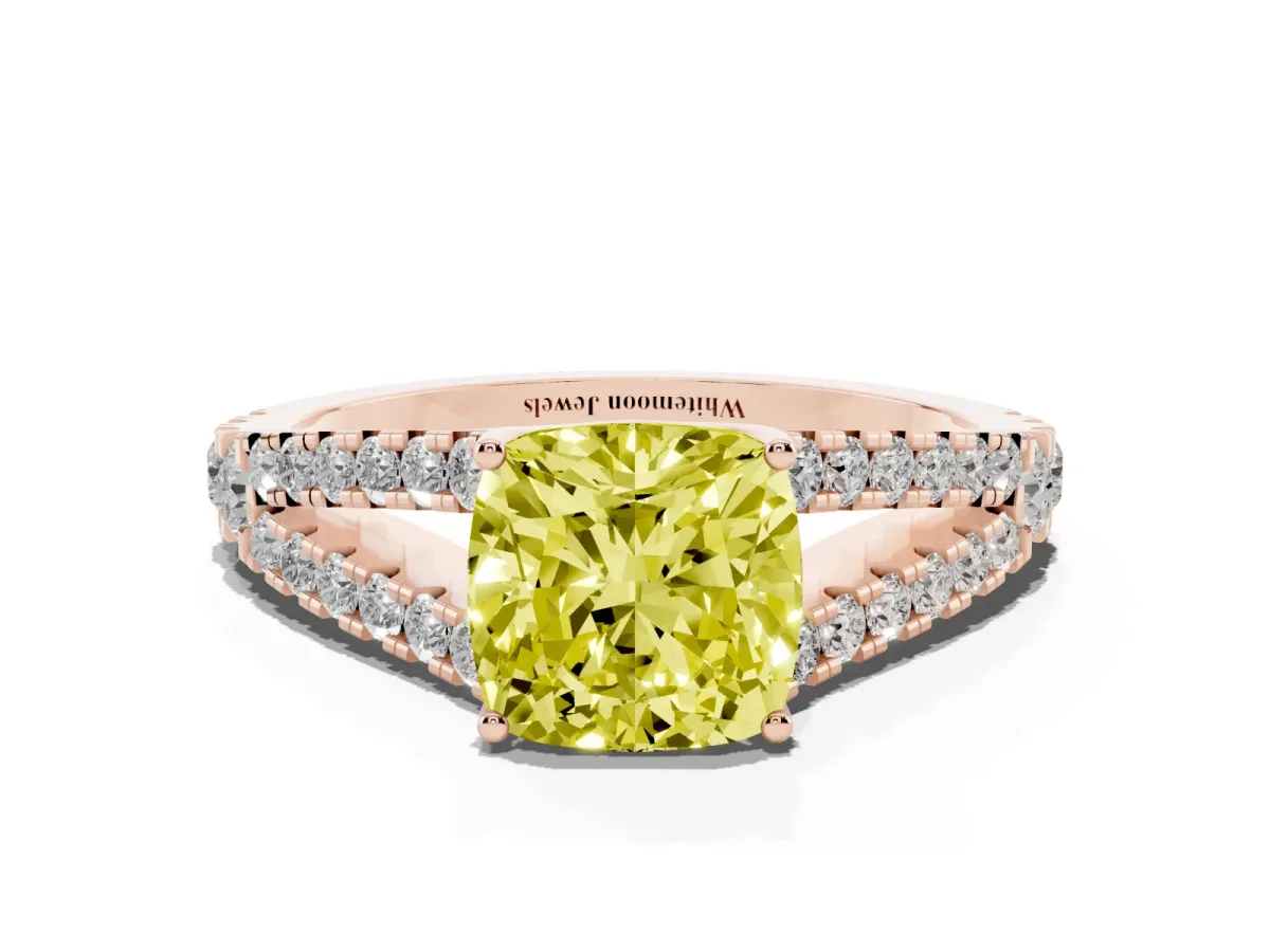 Fancy Yellow Cushion Cut Diamond Split Shank Pavé Engagement Ring with Four-Prong Setting Rose gold