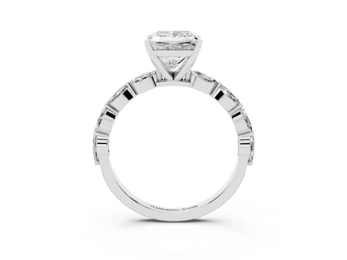Princess Cut Diamond Ring with Marquise Side Stones and Prong Setting White gold