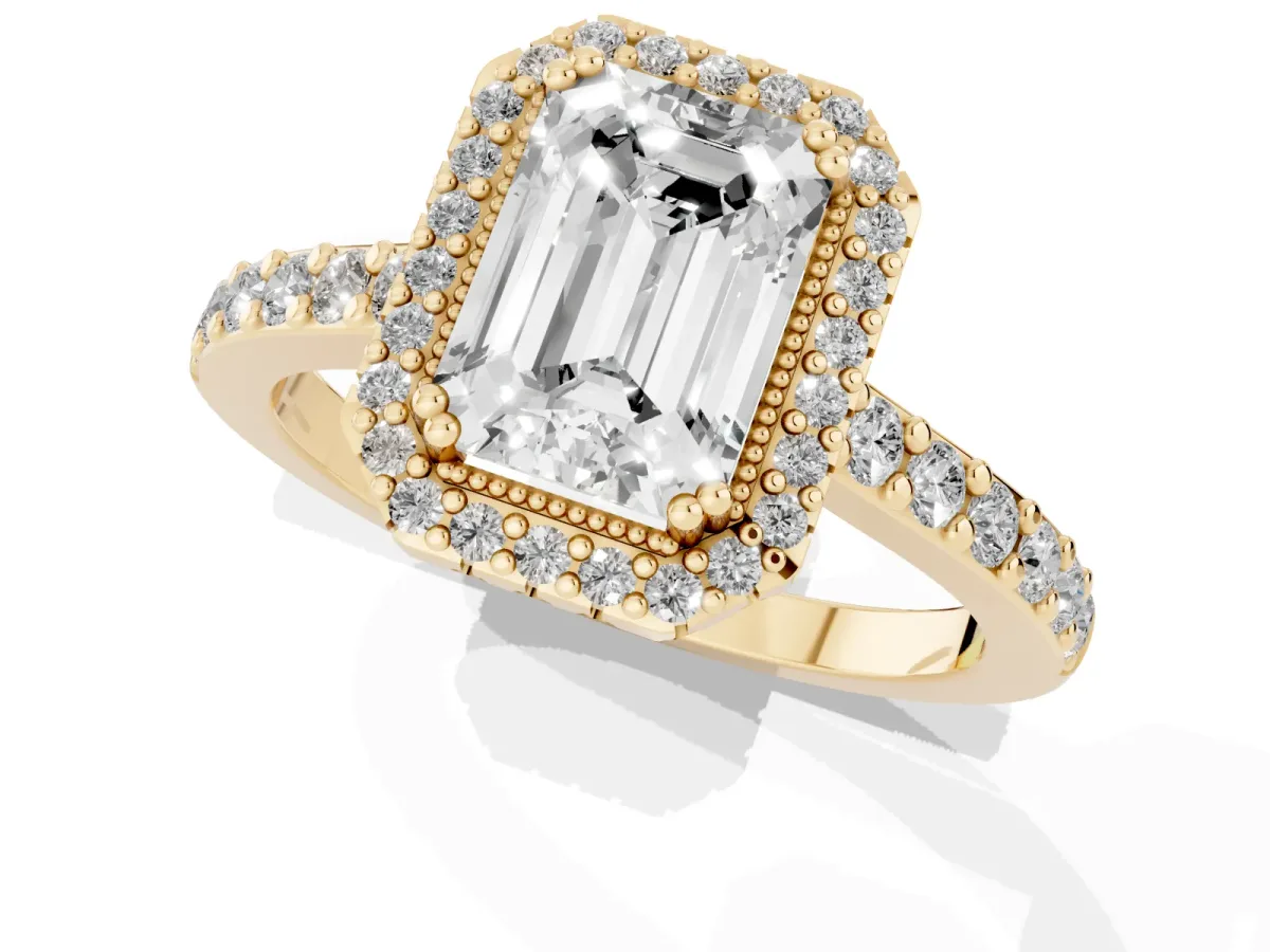 Emerald Cut Cut Diamond Halo Engagement Ring with Milgrain Detail and Pavé Band Yellow gold