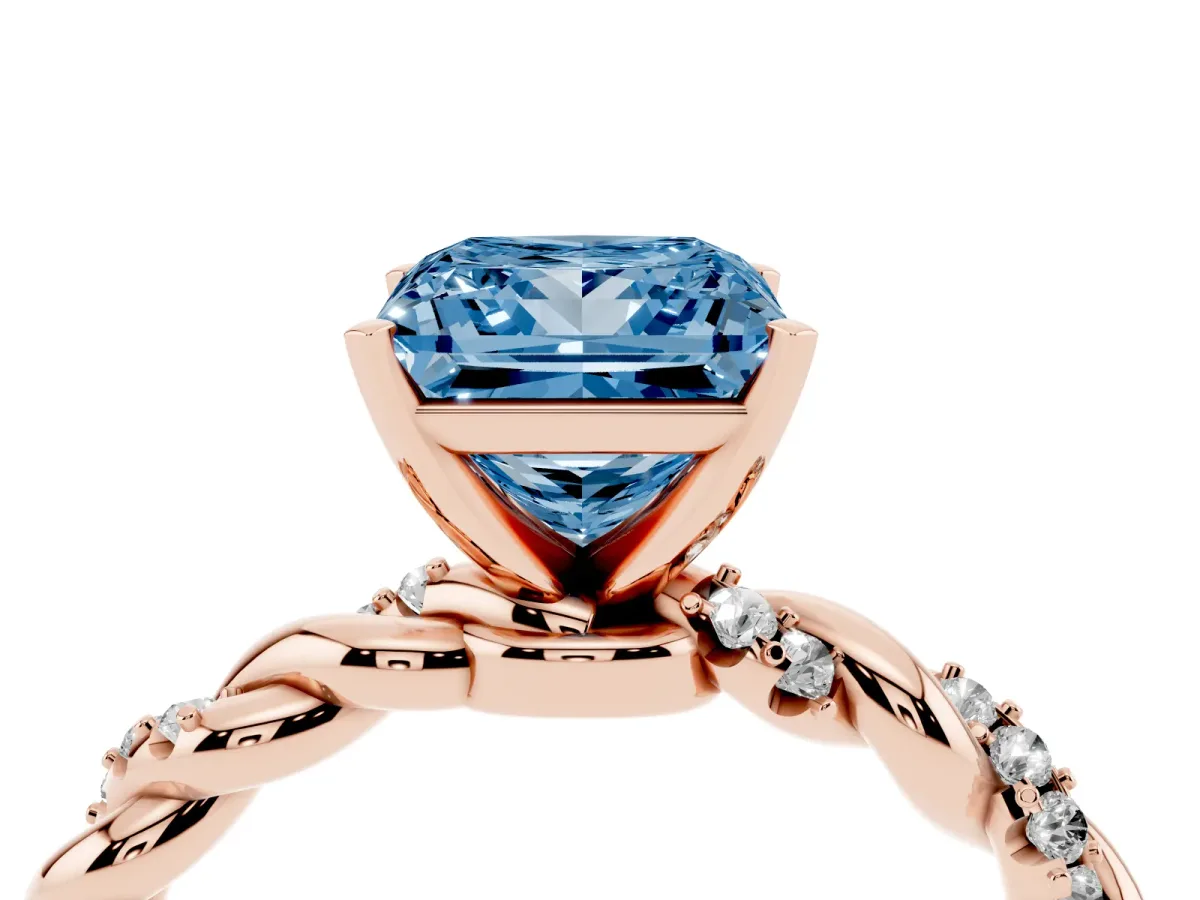 Fancy Blue Princess Cut Diamond Solitaire Ring with Twisted Band and Pavé Accents Rose gold
