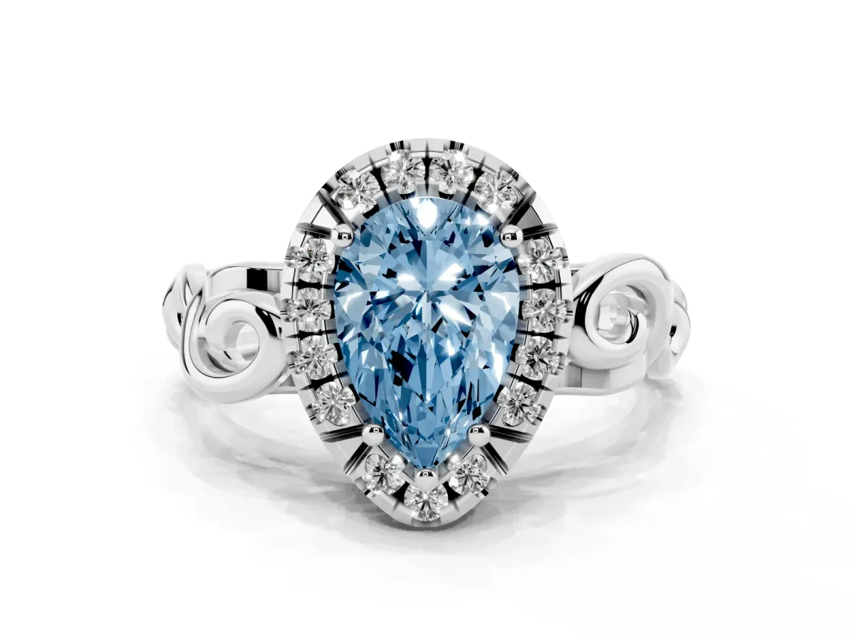 Fancy Blue Pear Cut Cut Halo Diamond Ring with Scrollwork Band and Four-Prong Setting Silver