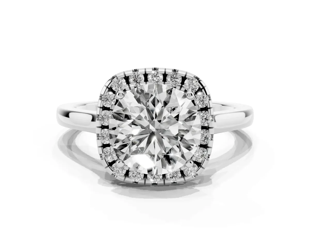 Round Cut Halo Round Diamond Solitaire Ring with Pavé Band and Four-Prong Setting Silver