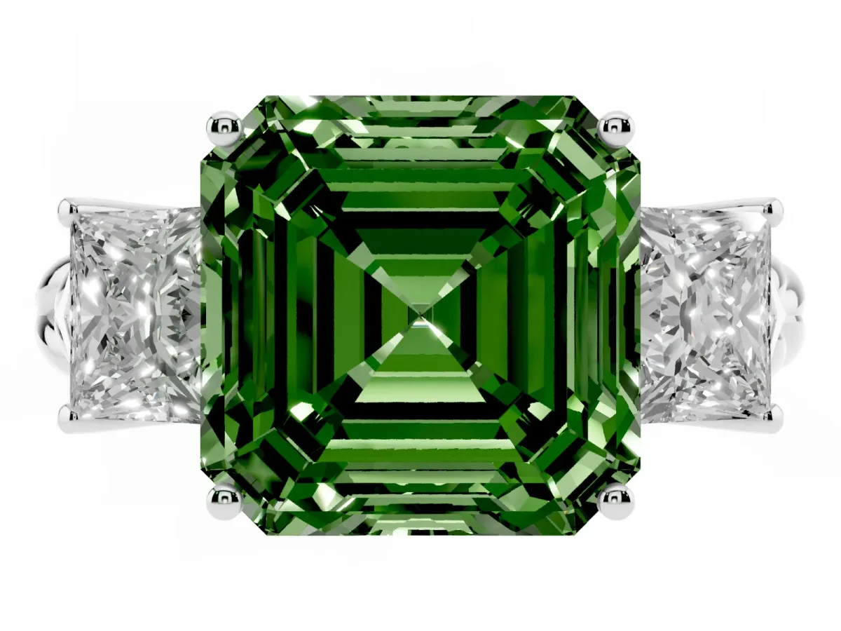 Fancy Green Three-Stone Asscher Cut Diamond Braided Band Ring with Four-Prong Setting Platinum