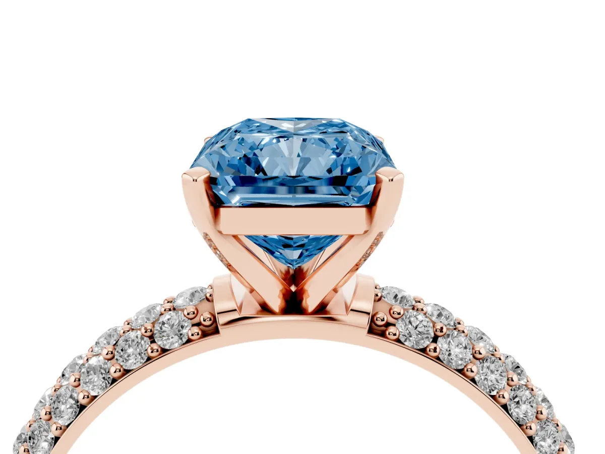 Fancy Blue Radiant Cut Diamond Solitaire Ring with Prong Setting and Pavé Band Rose gold