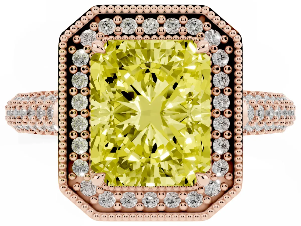 Fancy Yellow Radiant Cut Cut Halo Diamond Pave Band with Four-Prong Setting Rose gold