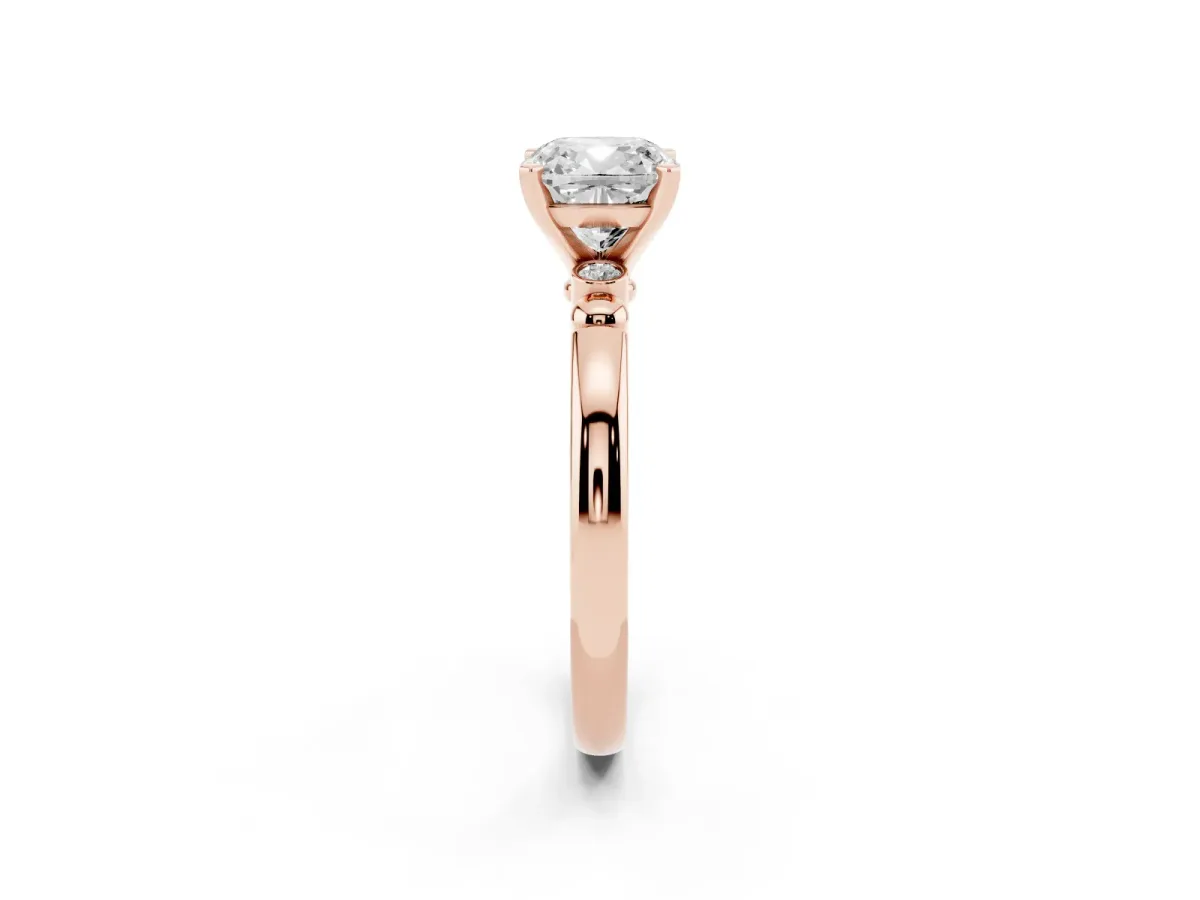 Cushion Cut Solitaire Beaded Band with Four-Prong Setting Rose gold