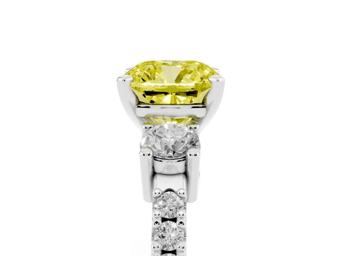 Fancy Yellow Cushion Cut Three-Stone Diamond Pavé Band with Prong Setting Platinum