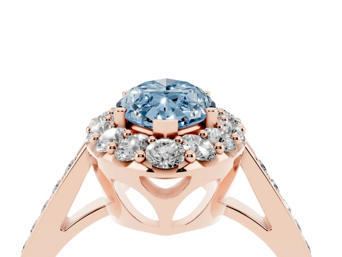 Fancy Blue Marquise Cut Diamond Floral Halo Ring with Pavé Band and Prong Setting Rose gold