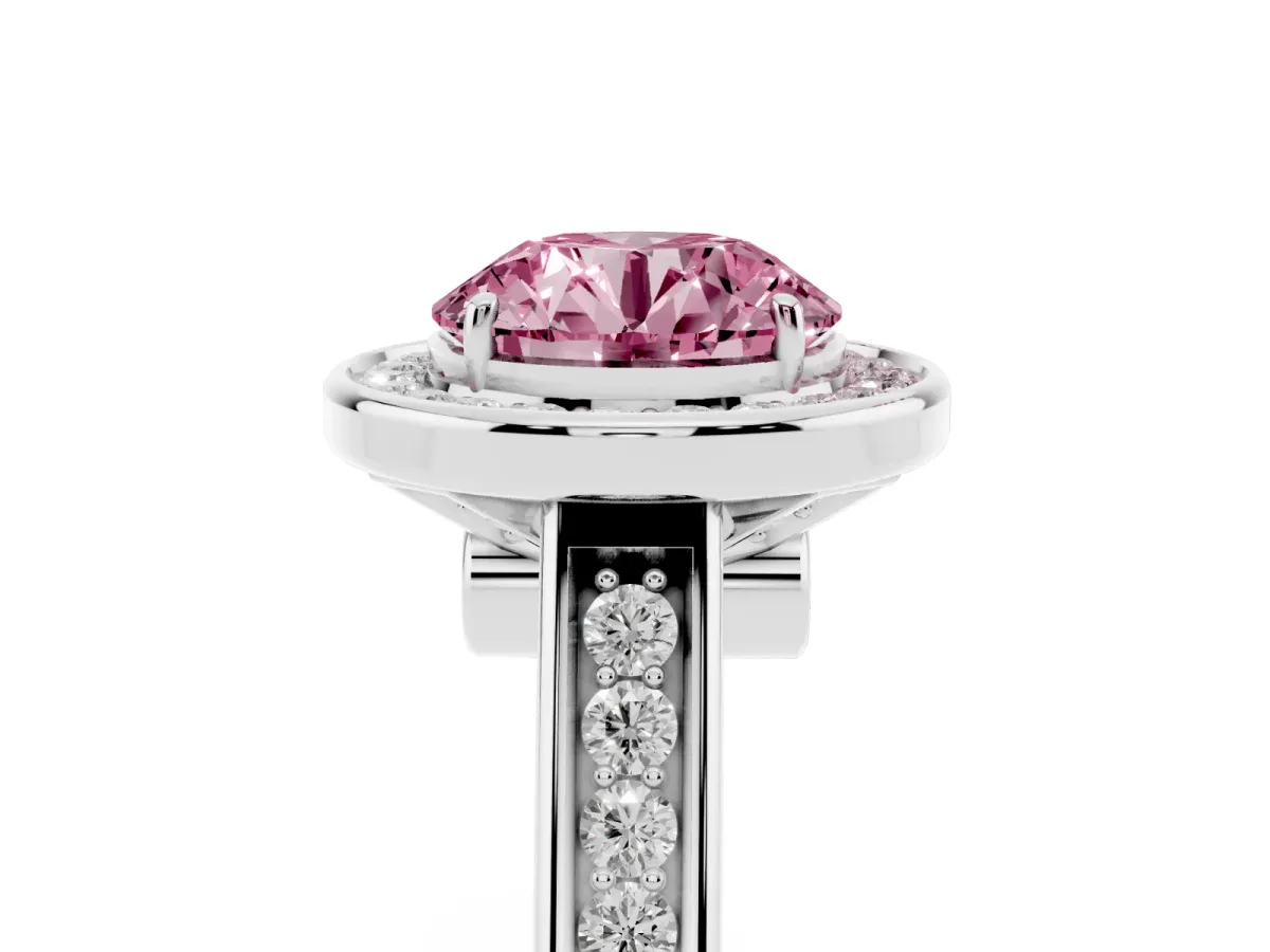 Fancy Pink Round Cut Halo Solitaire Diamond Ring with Pave Band and Bezel Setting Silver