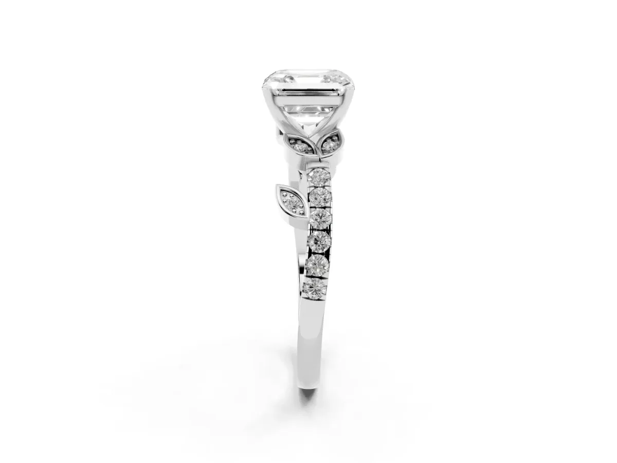 Asscher Cut Solitaire Leaf-Inspired Diamond Ring with Pavé Band and Four-Prong Setting Silver