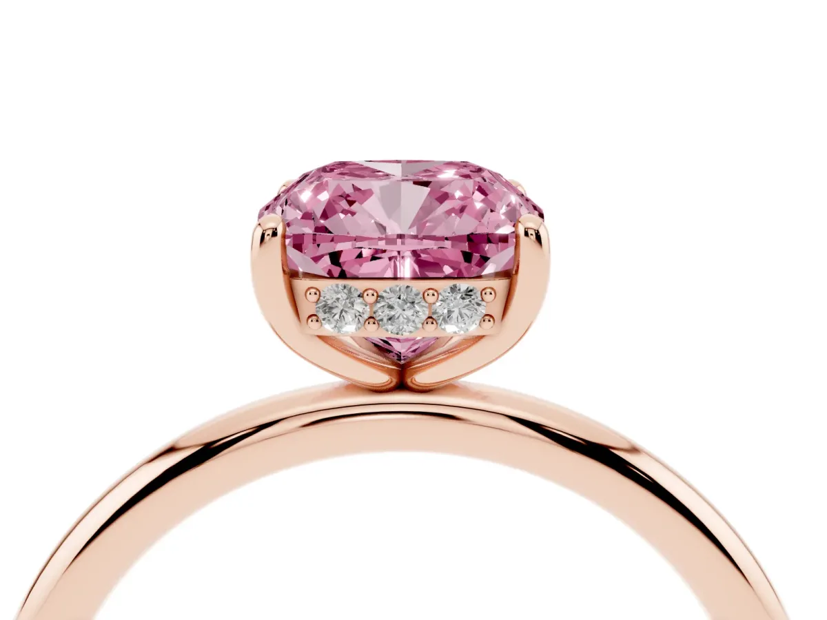 Fancy Pink Cushion Cut Solitaire Diamond Ring with a Classic Band and Four-Prong Setting Rose gold