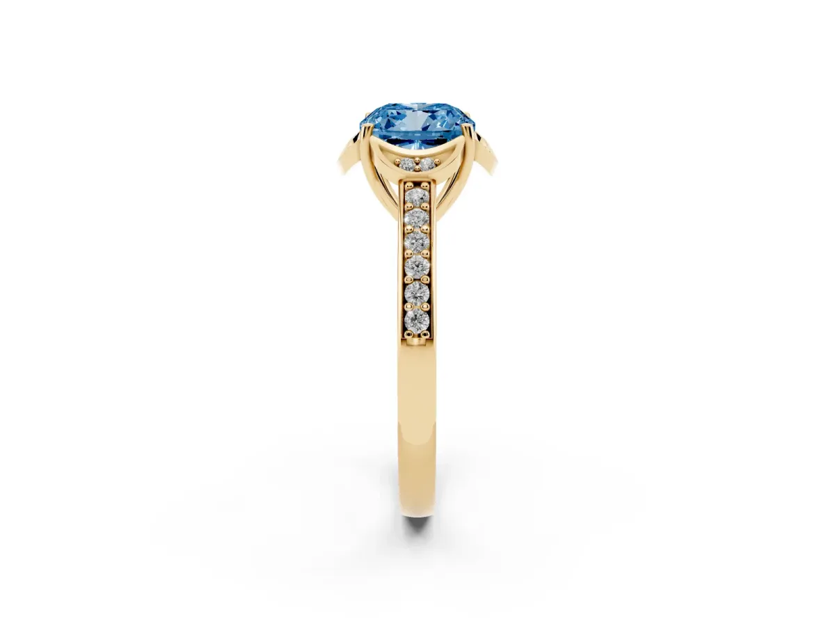Fancy Blue Cushion Cut Cut Halo Diamond Ring with Channel Set Band and Four-Prong Setting Yellow gold