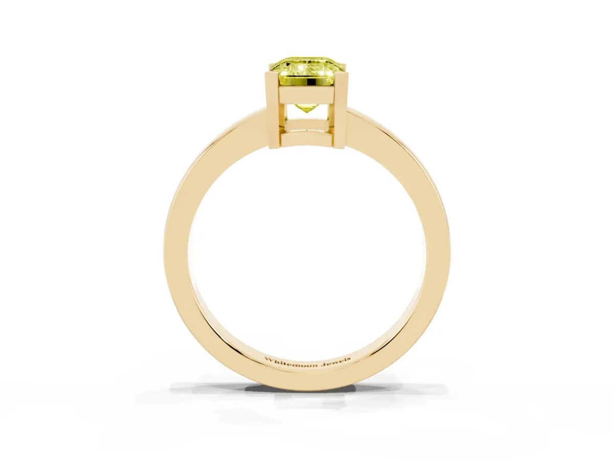 Fancy Yellow Emerald Cut Cut Solitaire Ring with Four-Prong Setting and Classic Band Yellow gold