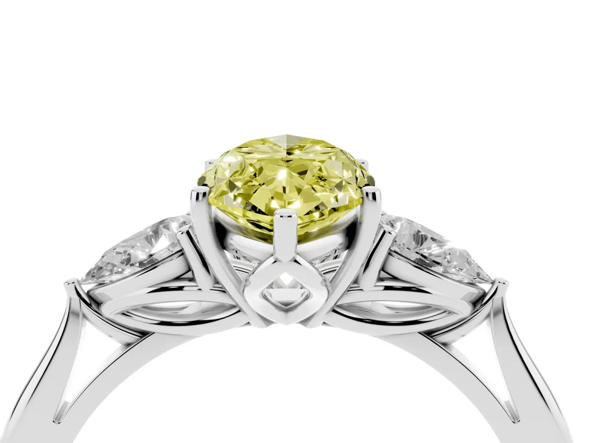 Fancy Yellow Three-Stone Marquise Cut Brilliant Diamond Solitaire Ring with Tapered Band and Four-Prong Setting White gold