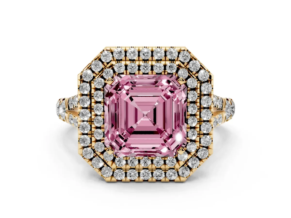 Fancy Pink Asscher Cut Diamond Pavé Split Shank Double Halo Engagement Ring Yellow gold