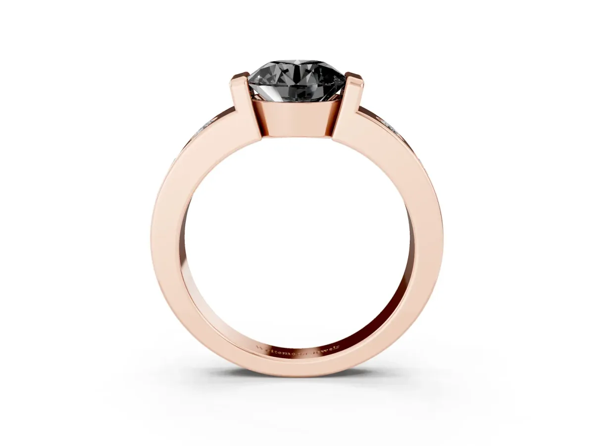 Fancy Black Round Cut Brilliant Channel-Set Diamond Ring with Bezel Prong Setting Rose gold