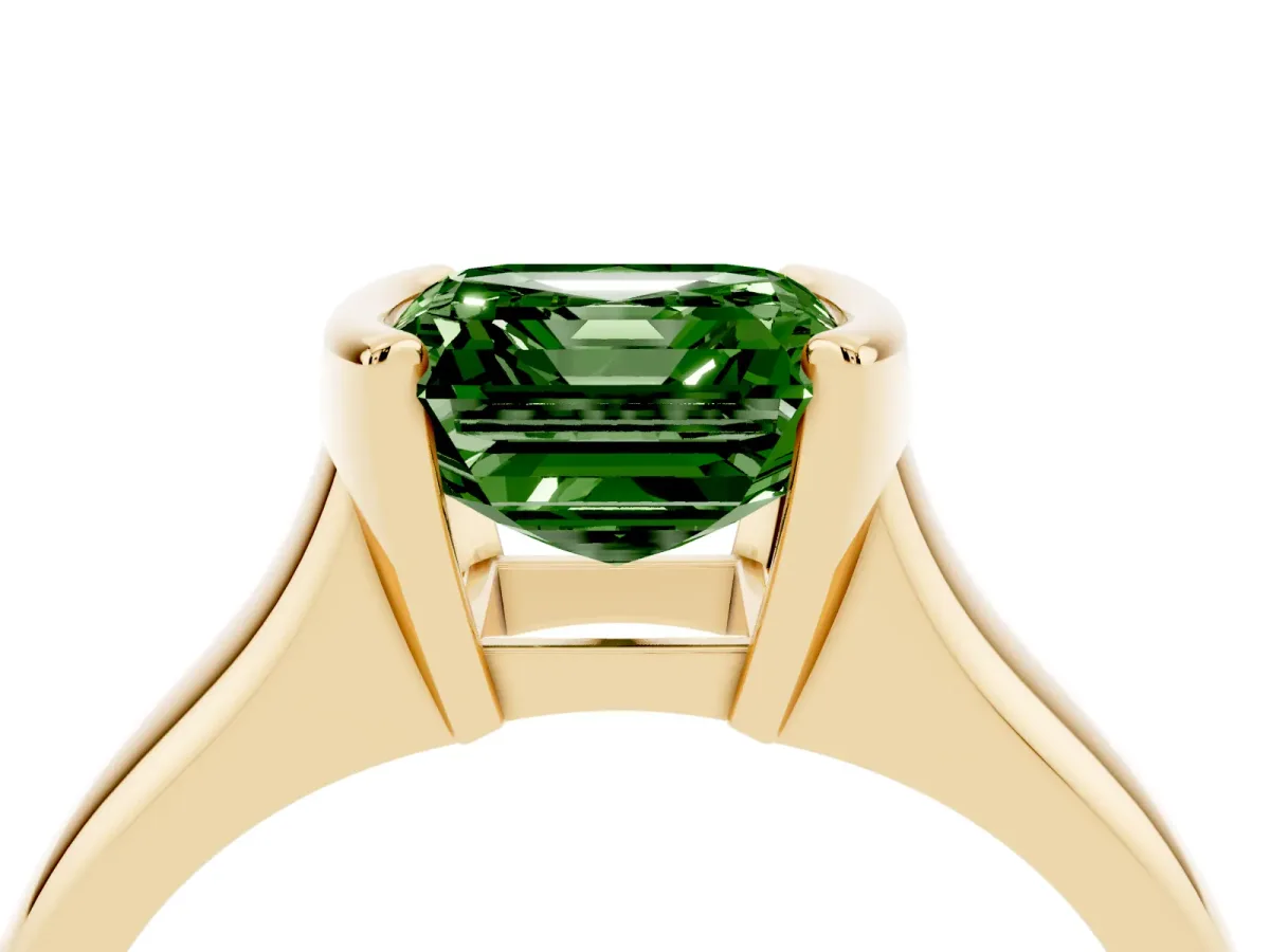 Fancy Green Asscher Cut Solitaire Tension Set Diamond Ring with Split Shank Band Yellow gold