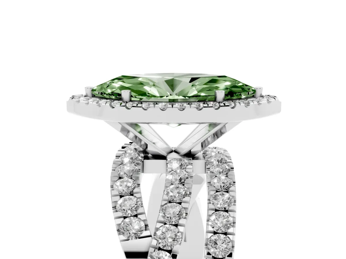 Fancy Green Marquise Cut Diamond Halo Ring with Round Split Shank and Prong Setting Silver